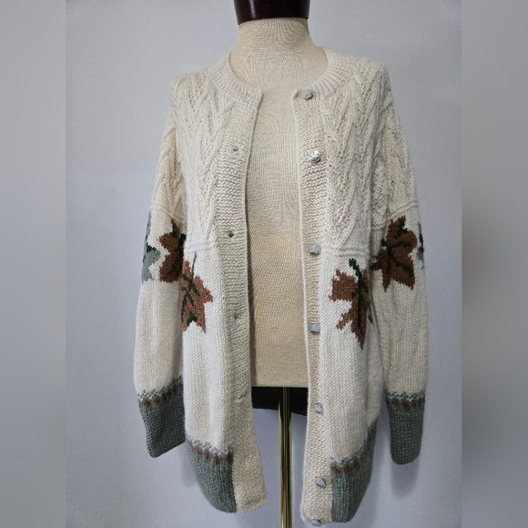 NANDO Extra Fine Alpaca Hand Knit Cream/Green/ Brown Leaf Pattern Cardigan. Med - Picture 8 of 14